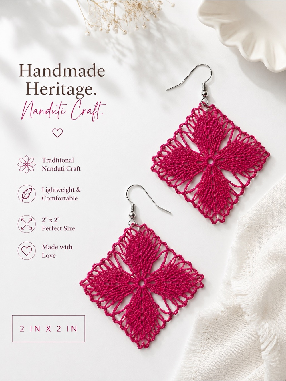 Handcrafted Pink Lace Square Dangle Earrings made in Itagua Paraguay